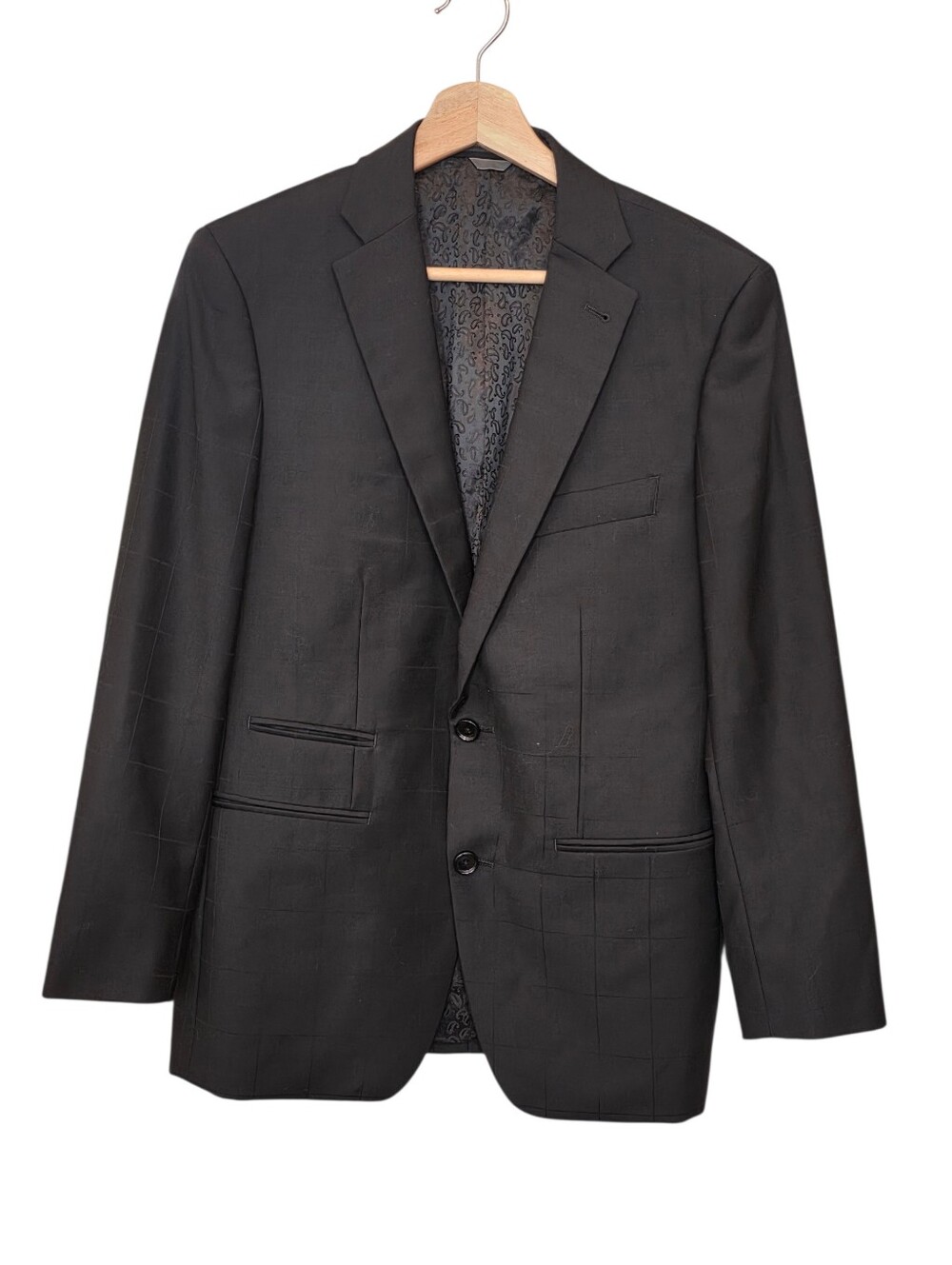 Indochino EUC Rothwell Windowpane Black Custom Made Wool Blazer Sz S Equivalent